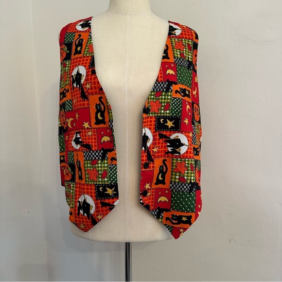 Basic Editions Vintage 80s 90s Halloween Teddy Bear Witch Pumpkins Vest Size L - Picture 2 of 8